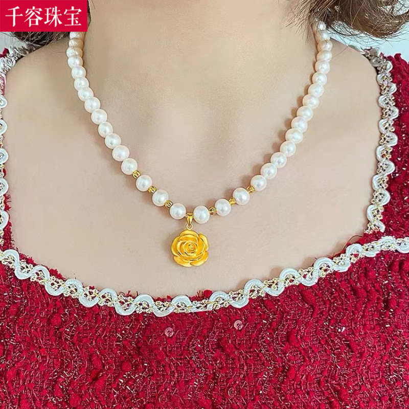 3D硬金黄金玫瑰花吊坠999足金女款天然淡水珍珠金项链送妈妈礼物