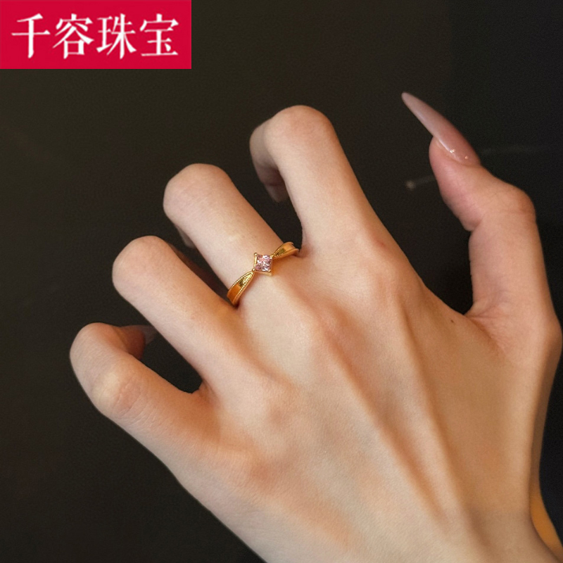 5D硬金黄金方钻戒指女999足金小克重气质点钻镶嵌指环纯金食指戒