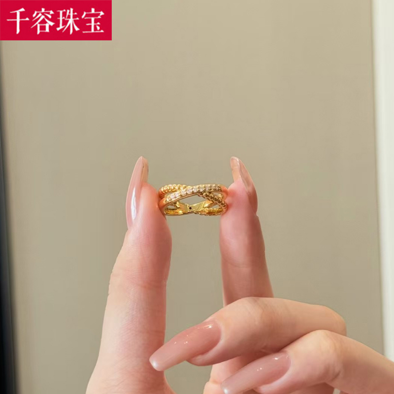 5D硬金黄金扭绳星河戒指女999足金镶嵌轻奢食指戒纯金正品送女友