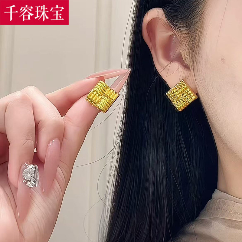 5D黄金编织方块耳环女999足金新款方形气质耳钉纯金耳饰送礼正品