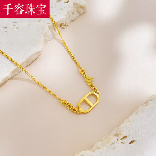 5G黄金猪鼻子项链女999足金新款爱心锁骨套链纯金一体链送礼百搭