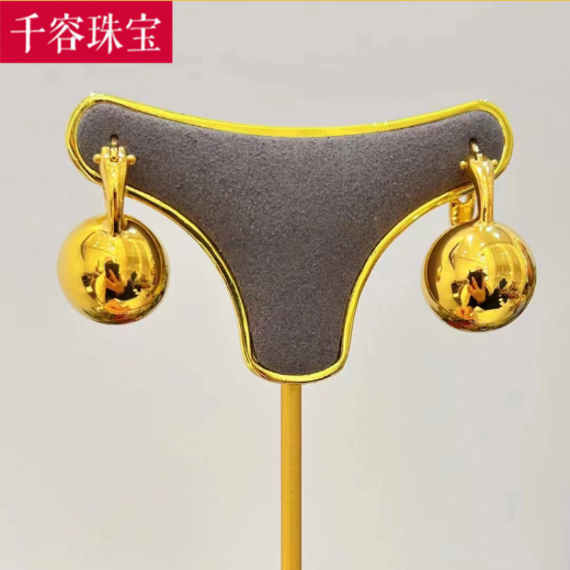 5D硬金黄金球球耳环999足金ins风光珠耳坠纯金新款时尚耳扣送女友