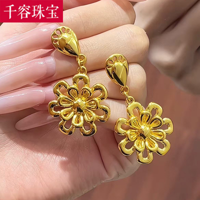 5D硬金黄金牡丹花耳环女999足金新款大气花朵耳钉纯金耳饰送女友