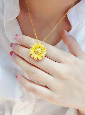 3D硬金黄金向日葵吊坠挂件坠子999足金向阳花项链母亲节礼物女款