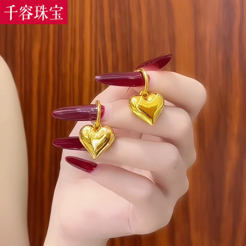 5D硬金黄金爱心耳环女999足金新款ins风时尚心形耳钉纯金耳饰送礼
