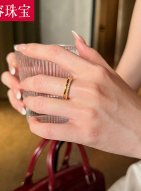 5D硬金黄金半圈排戒女999足金点钻镶嵌素圈指环纯金食指戒送女友