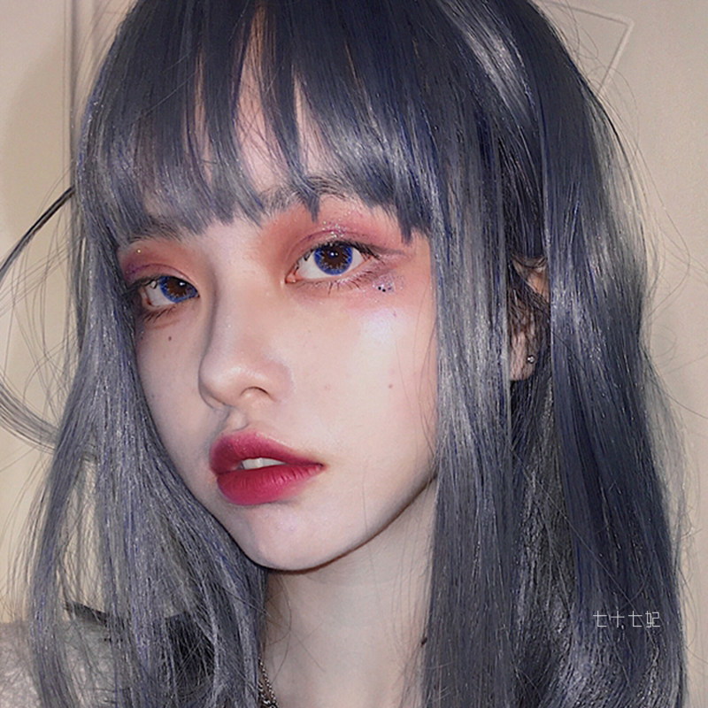 七十七妃软妹日常个性女生中长发梨花头灰蓝色长直发假发全头套