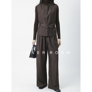 两件套 女秋显瘦阔腿裤 INNER ROOM复古气质老钱风腰带毛呢马甲套装