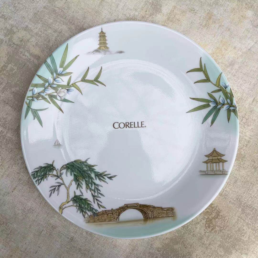 美国进口康宁玻璃餐具CORELLE西湖春晓8寸圆平浅盘骨碟108-WL正品