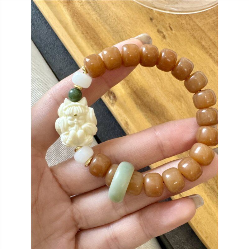 原创白玉菩提桶珠手链搭配象牙果凤九天然和田玉菩提跑环礼物S468