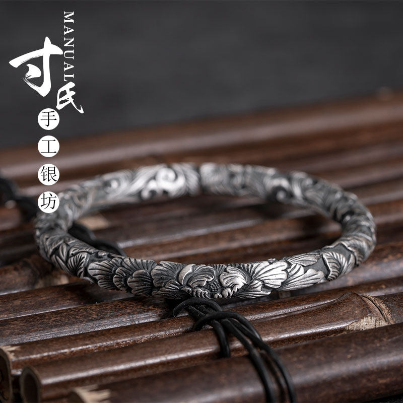 寸银坊云南手工足银高工艺牡丹复古做旧圆柱立体实心手镯.匠心