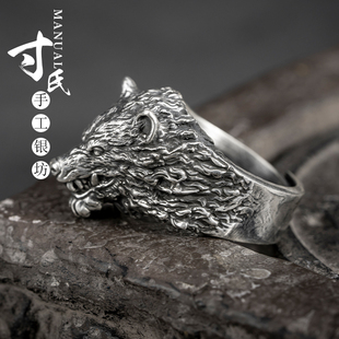 原创个性手工足银开口可调节狼头纯银戒指999银指环