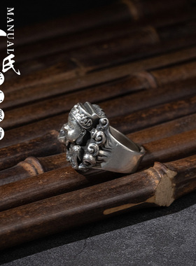 云南大理手工足银复古做旧立体可爱小财神戒指