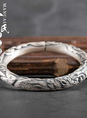 寸银坊云南足银手工錾刻浮雕复古做旧百解貔貅手镯.传承