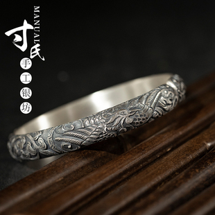 寸银坊手工足银复古做旧泥鳅背实心浮雕龙凤貔貅手镯.匠心