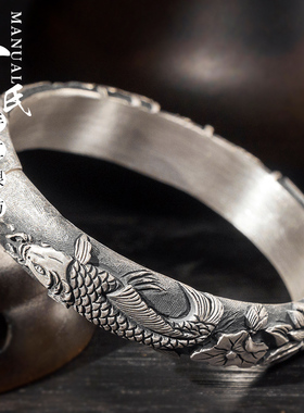 古法制荷花民族风夏日雨荷银手镯