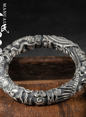 云南大理大师高工艺深雕复古做旧圆柱立体龙凤呈祥手镯.传承