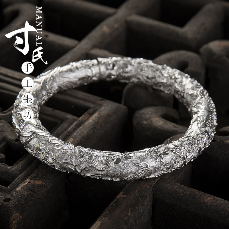 寸银坊云南手工立体雕刻足银喜鹊梅花圆柱实心手镯.传承