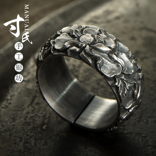 纯银戒指S999足银男女情侣定制牡丹花戒指对戒云南手工银戒子
