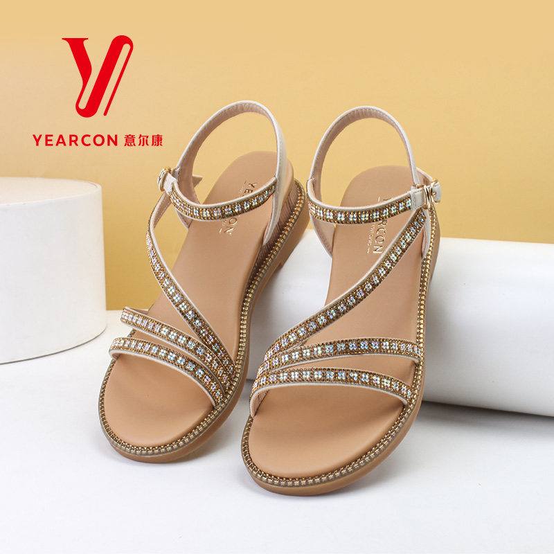 意尔康凉鞋女夏季新款罗马鞋水钻一字带女鞋百搭气质绑带坡跟凉鞋