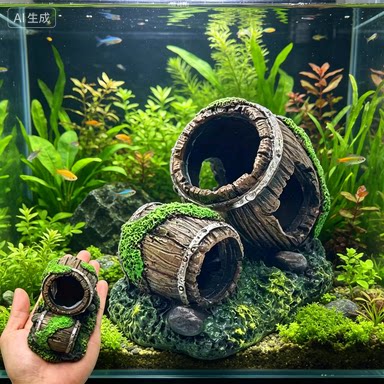 鱼缸仿真造景酒桶装饰躲避洞水族箱青苔石摆件虾屋慈鲷虾窝躲藏屋