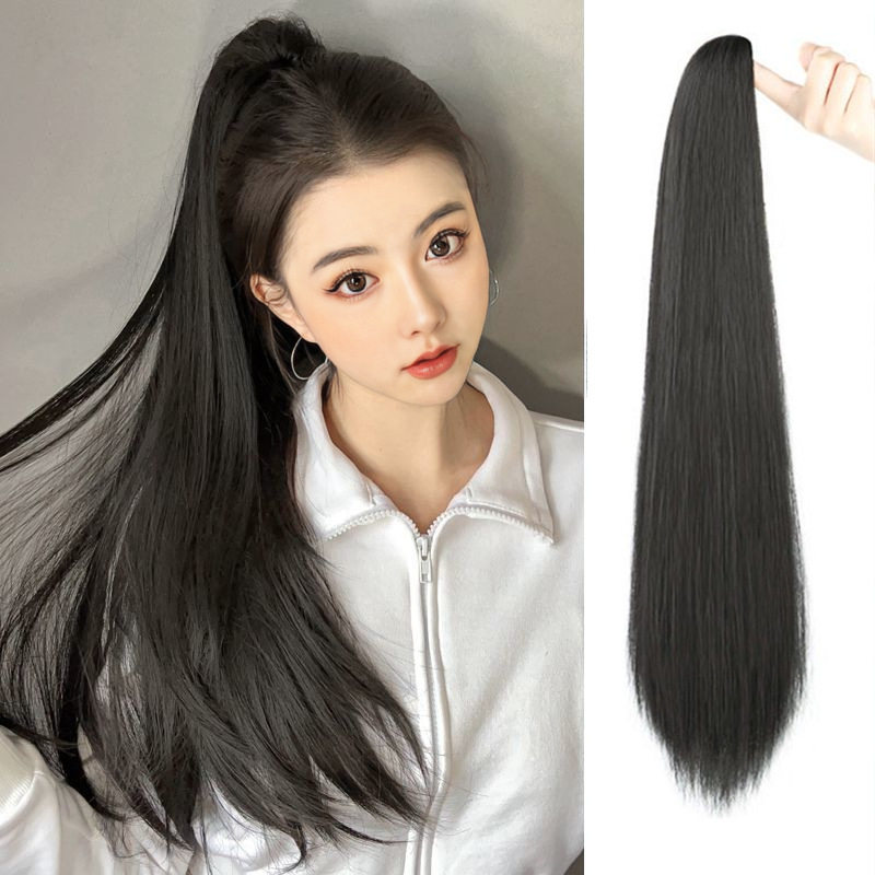 欧美假发女长直发马尾抓夹款黑色化纤高跨境现货双蓬松