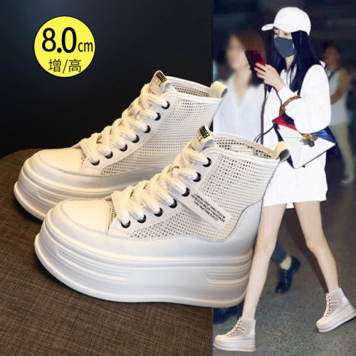 网面内增高小白鞋女2026夏季松糕厚底网纱透气高帮鞋镂空马丁靴子