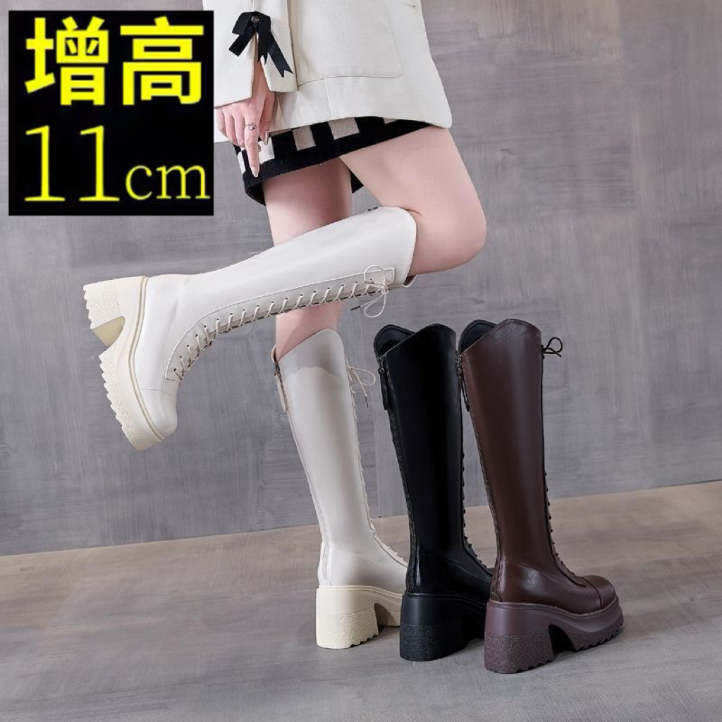 11cm内增高骑士靴女2025新款不过膝英伦长筒靴小个子系带马丁靴女