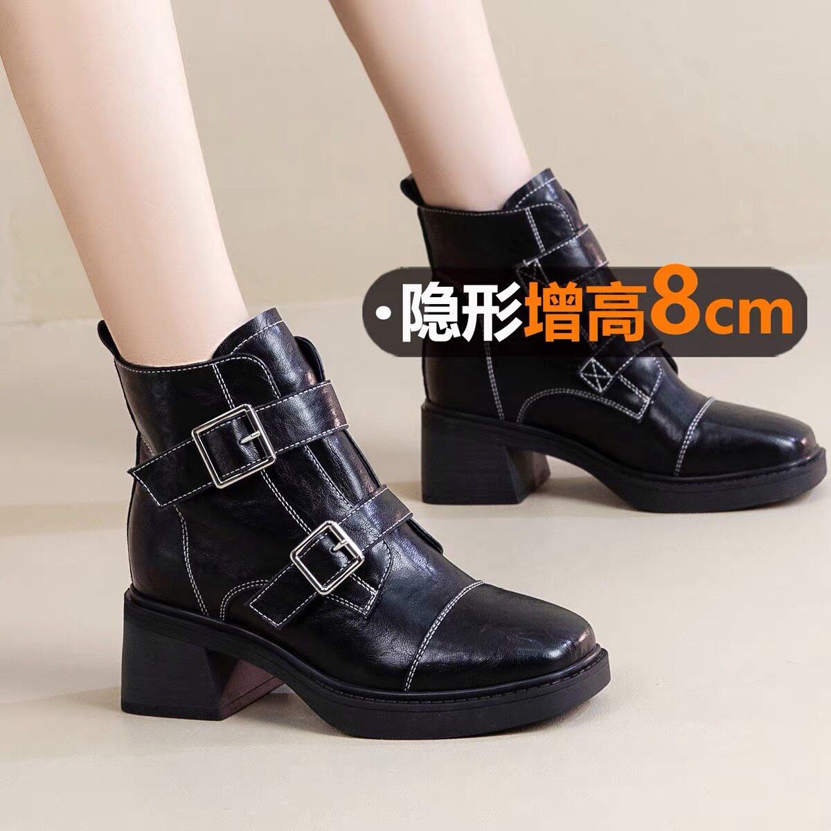 香港真皮高跟短靴女2026春秋新款百搭马丁靴巨好看法式粗跟瘦瘦靴