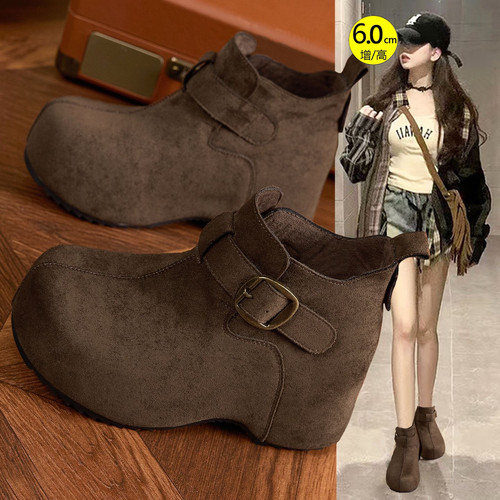 冬季复古加绒高帮全包勃肯鞋女2025新款时尚厚底内增高高跟小短靴