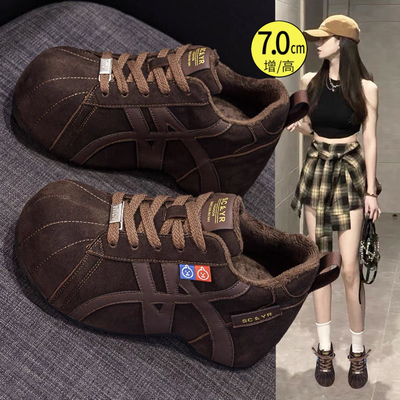 冬季加绒复古真皮勃肯鞋女2025新款爆款时尚厚底内增高休闲德训鞋