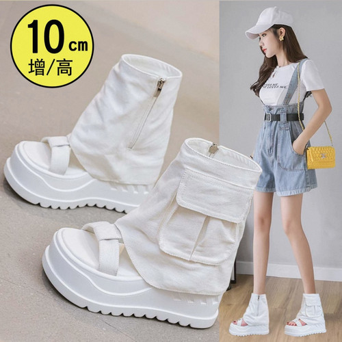 增高10cm厚底裤管凉靴女2026新款小个子露趾凉鞋松糕坡跟牛仔短靴
