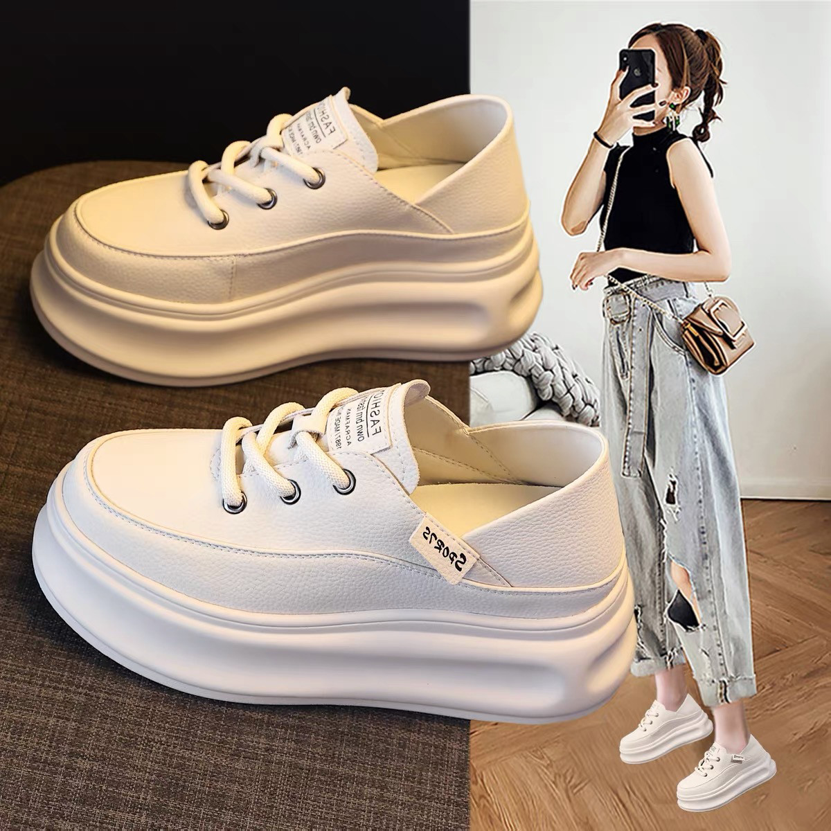 真皮两穿小白鞋女2025秋季新款百搭超火厚底小个子内增高休闲板鞋,女鞋,休闲板鞋,淘宝优惠券,粉丝福利购,淘宝优惠卷