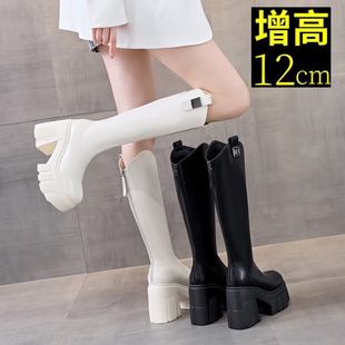 真皮12cm增高长靴女粗跟2025秋冬小个子不过膝高筒骑士靴显瘦