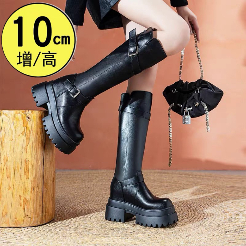 10cm复古厚底白色骑士靴女2025秋冬不过膝高筒靴显瘦皮带扣长筒靴