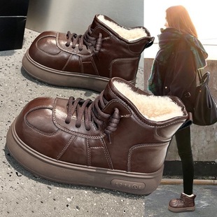 加绒加厚高帮大棉面包鞋 新款 2025冬季 复古真皮大头防水雪地靴女款