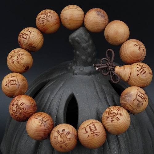 天然柏香木珠手链檀木雕刻道法自然手串男女款单圈念珠饰品