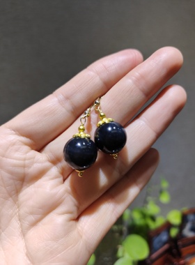 新疆和田籽料青花墨玉圆珠14mm耳坠