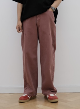 何青菜 夏日韩版宽松直筒阔腿糖果色红色个性牛仔裤 设计小众时髦