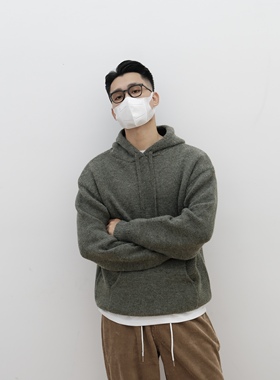 何青菜 韩版宽松套头连帽针织衫抗起球定制面料 袋鼠袋潮流男毛衣