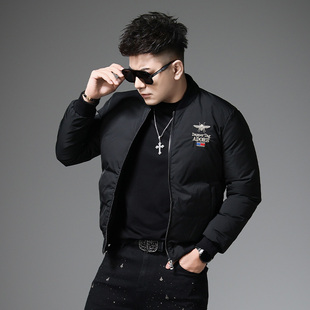 欧货潮牌高端棒球领羽绒服男士冬季新款刺绣羽绒夹克男款修身外套