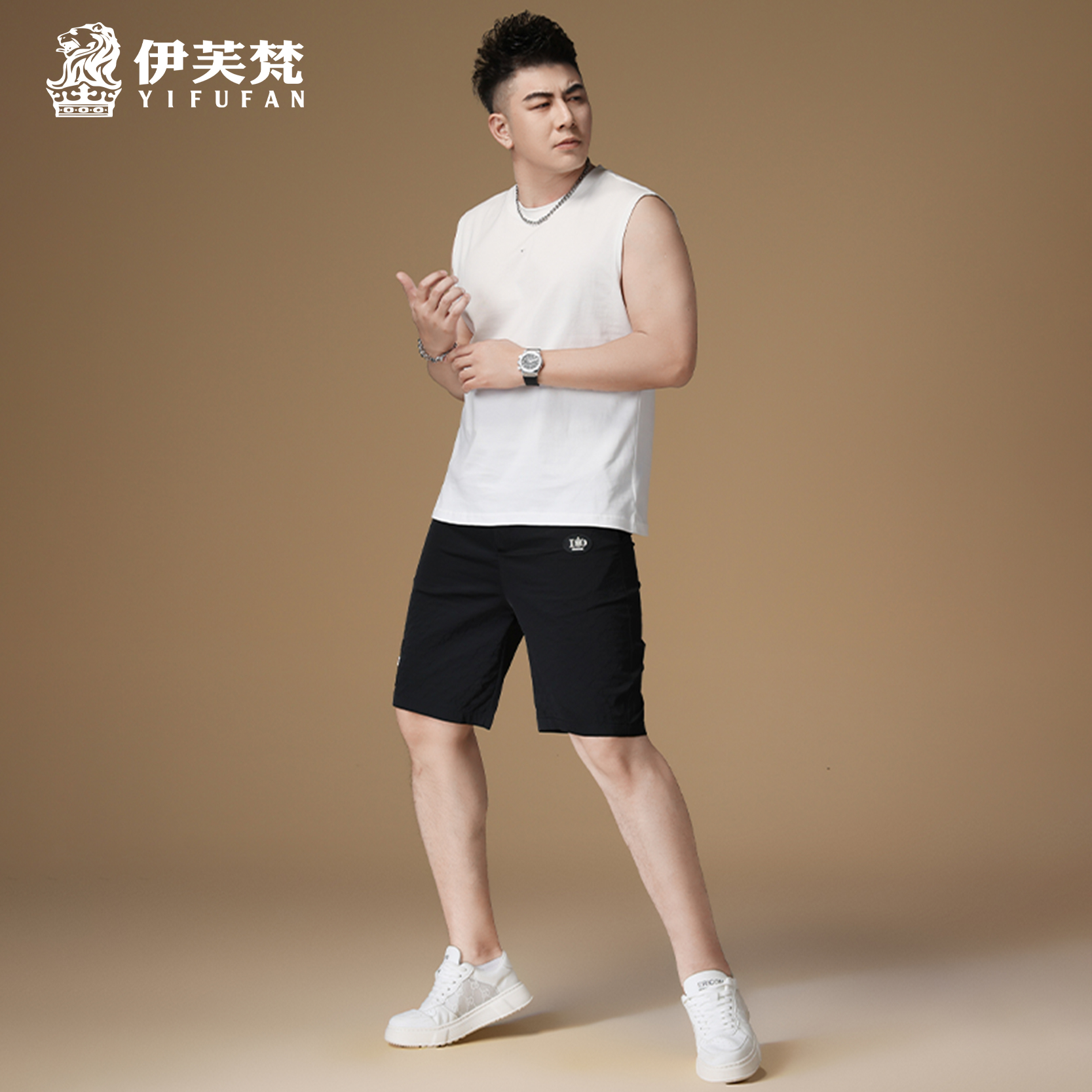 欧货坎肩背心纯色男士无袖t恤套装休闲夏季潮流运动短裤一套搭配