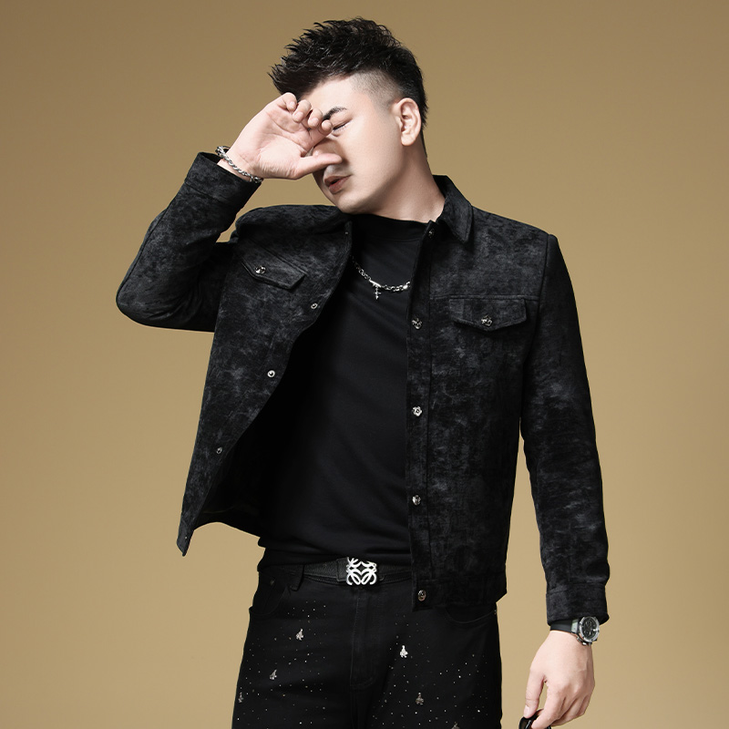 欧洲站潮牌男装满身提花外套男士春秋季新款潮时尚多口袋翻领夹克