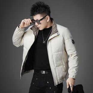 欧货高端立领羽绒服男白鸭绒冬季潮牌徽章提花外套男士保暖防寒服