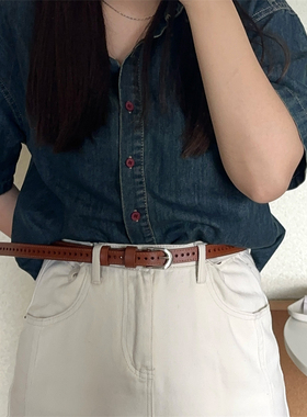 全孔皮带女真皮黑色简约韩系小众复古通勤百搭高级感装饰裤腰带细