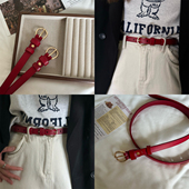 韩国ins博主穿搭真皮红色小腰带女新款 饰皮带细 时髦复古金扣装