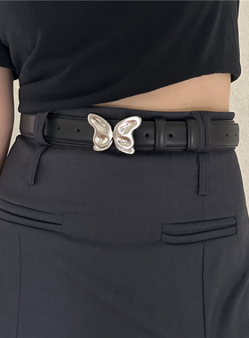 onetk皮带女小众蝴蝶银扣高级小香风配jk裙子牛仔裤带真皮腰带ins