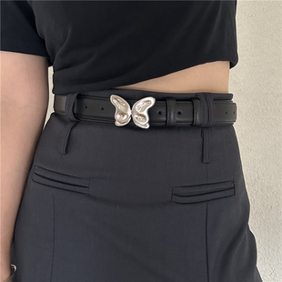 onetk皮带女小众蝴蝶银扣高级小香风配jk裙子牛仔裤 带真皮腰带ins