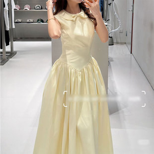 现货!SP同款连衣裙2026早秋新款奶油黄无袖娃娃领连衣裙中长裙