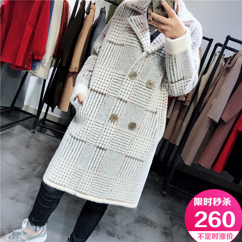 2018冬季热卖新品大衣格子双排扣西装领韩版宽松针织开衫外套